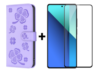 SKLO + PUZDRO 2v1 pre Xiaomi Redmi Note 13 - Knižkové puzdro LEAF fialové