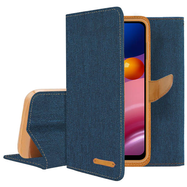 9D SKLO + PUZDRO 2v1 pre SAMSUNG GALAXY A20e - Knižkové CANVAS modro hnedé