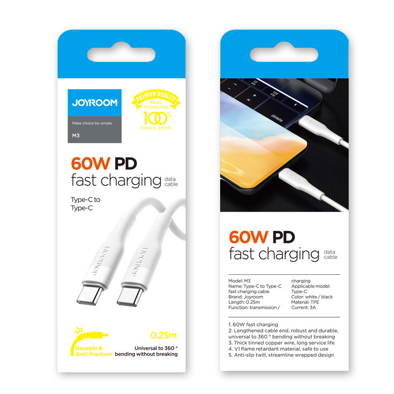 Joyroom S-02530M3 odolný TPU kabel USB-C / USB-C 3A 60 W 0,25m white