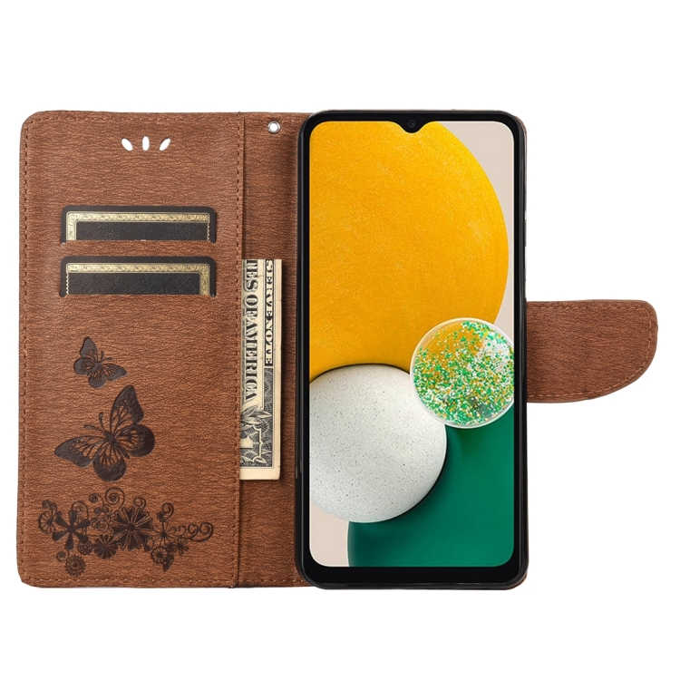 SKLO + PUZDRO 2v1 pre Samsung Galaxy A14 / A14 5G - Knižkové Butterfly hnedé