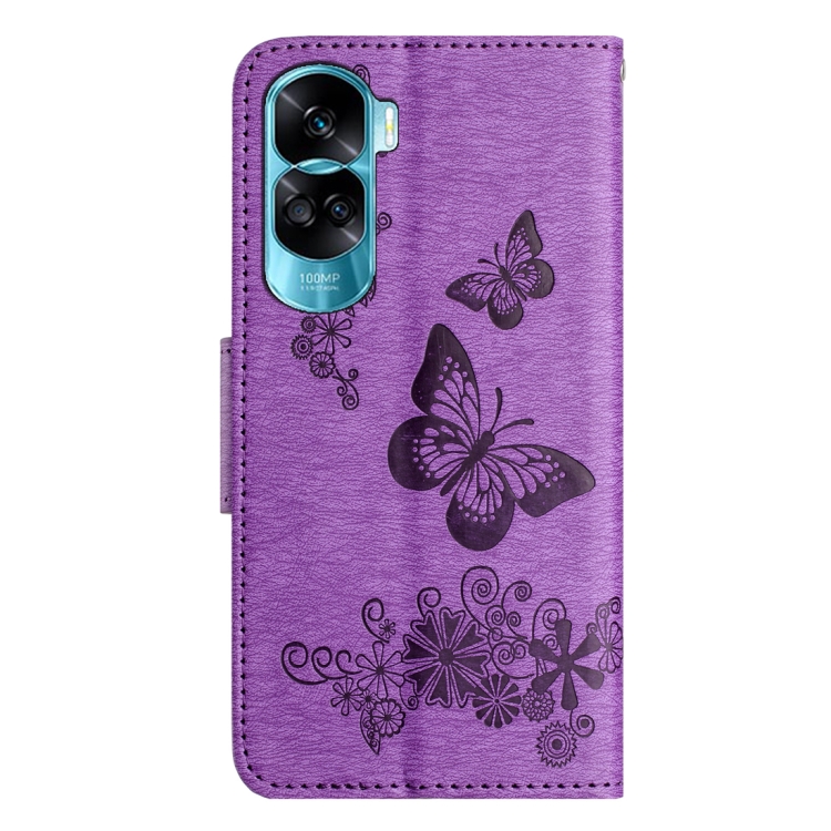 SKLO + PUZDRO 2v1 pre Honor 90 Lite 5G - Knižkové BUTTERFLY fialové