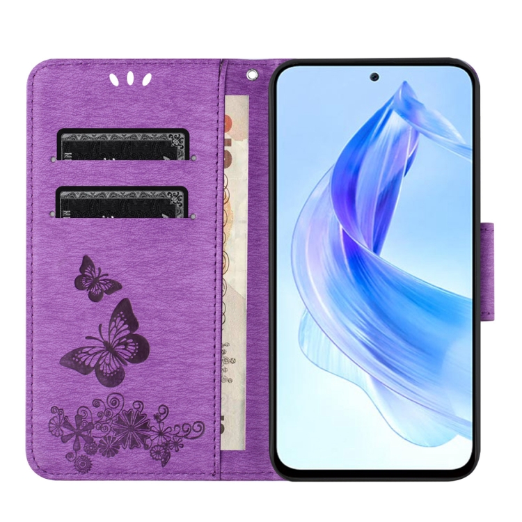 SKLO + PUZDRO 2v1 pre Honor 90 Lite 5G - Knižkové BUTTERFLY fialové