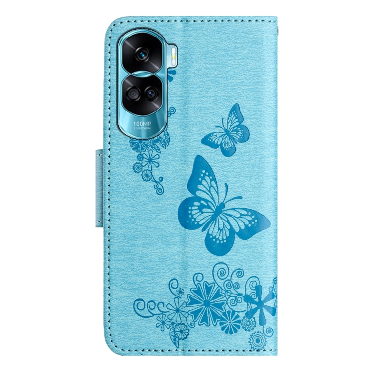 SKLO + PUZDRO 2v1 pre Honor 90 Lite 5G - Knižkové BUTTERFLY modré
