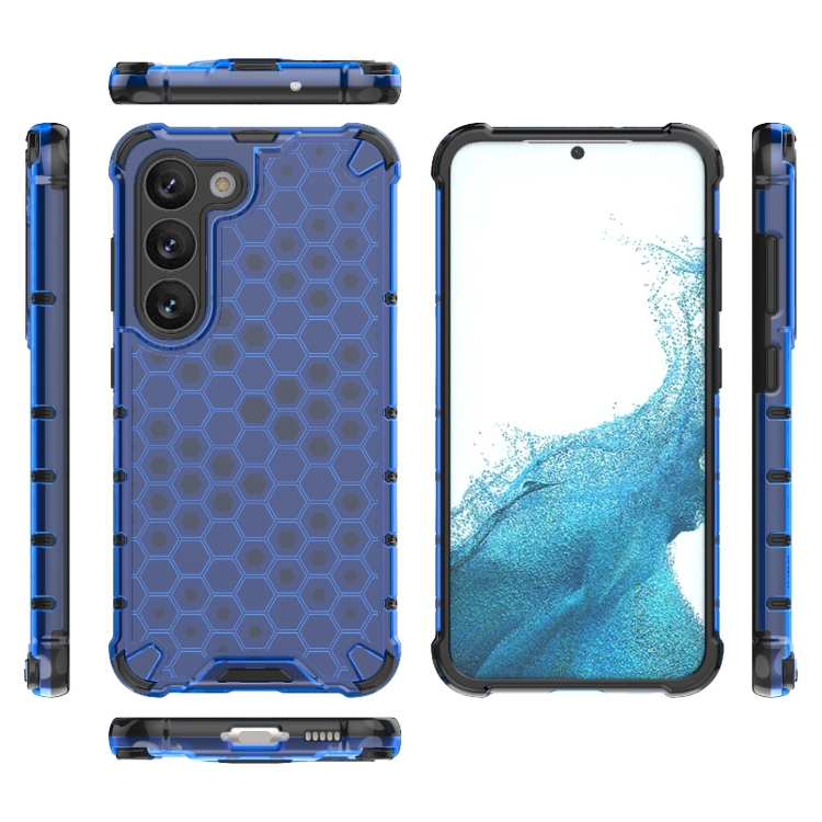 SKLO + PUZDRO 2v1 pre Samsung Galaxy S23 5G - Tvrdené HONEYCOMB modré