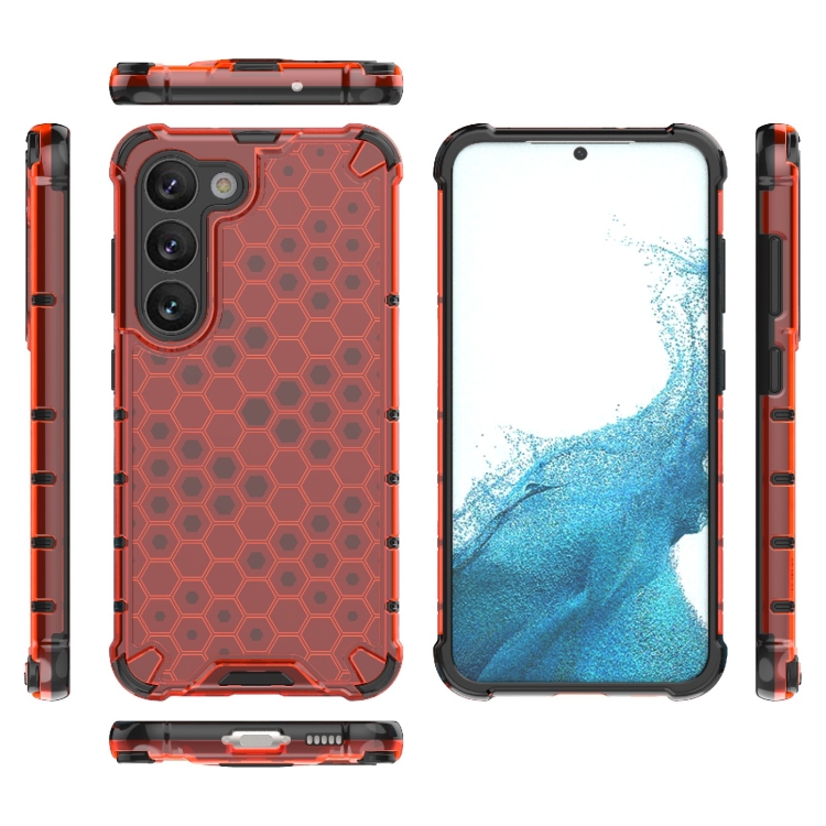 SKLO + PUZDRO 2v1 pre Samsung Galaxy S23 5G - Tvrdené HONEYCOMB červené