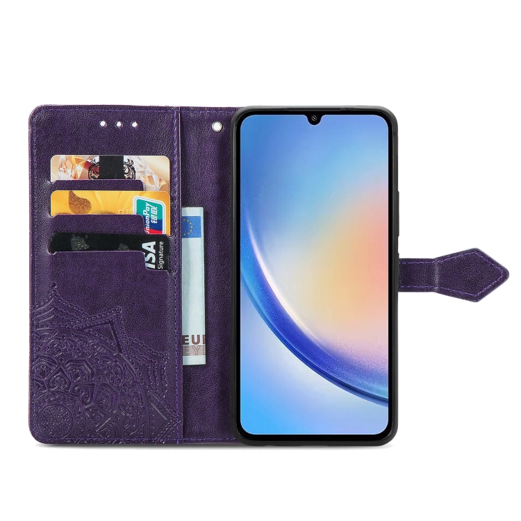 SKLO + PUZDRO 2v1 pre Samsung Galaxy A34 5G - Knižkové MANDALA fialové