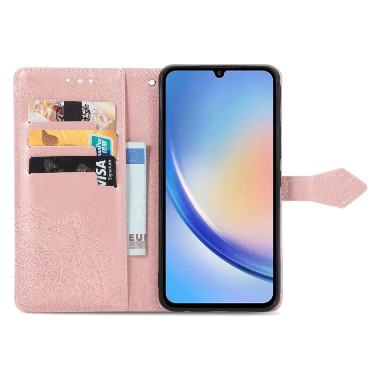 SKLO + PUZDRO 2v1 pre Samsung Galaxy A34 5G - Knižkové MANDALA ružové