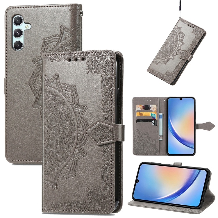 Knižkové puzdro pre Samsung Galaxy A34 5G - MANDALA sivé