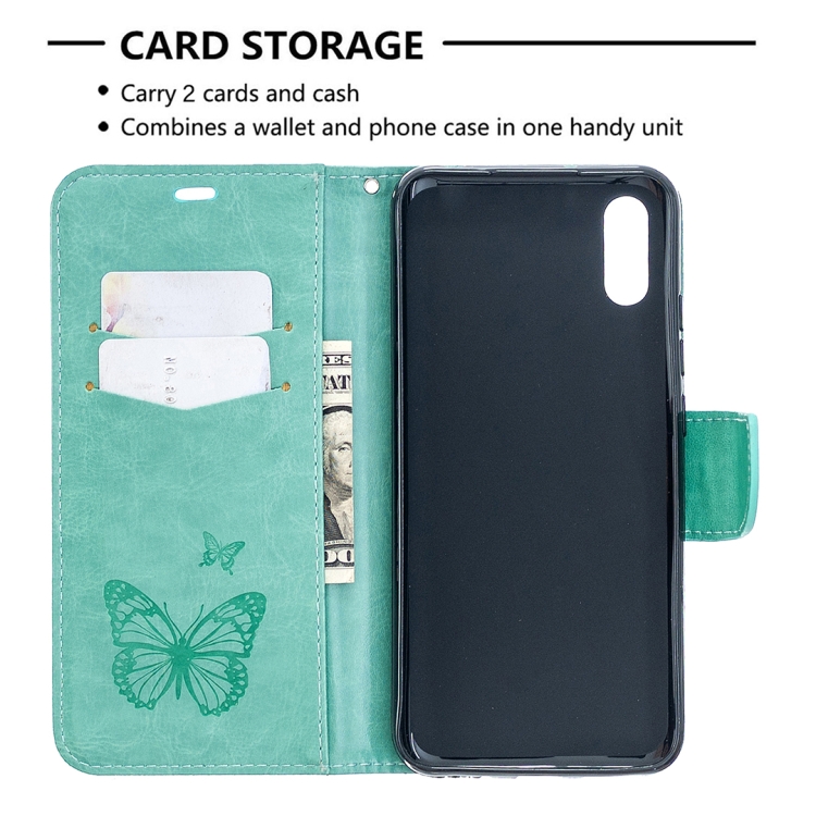 SKLO + PUZDRO 2v1 pre Xiaomi Redmi 9A / 9AT - Knižkové BUTTERFLY zelené