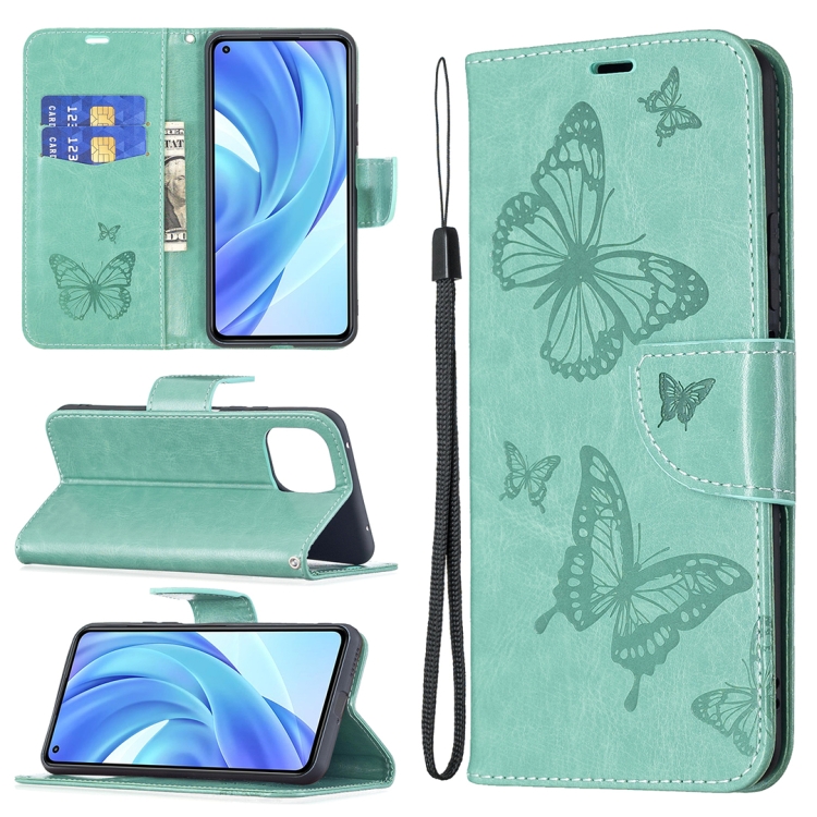 SKLO + PUZDRO 2v1 pre Xiaomi Mi 11 Lite 4G / 5G - Knižkové BUTTERFLY zelené