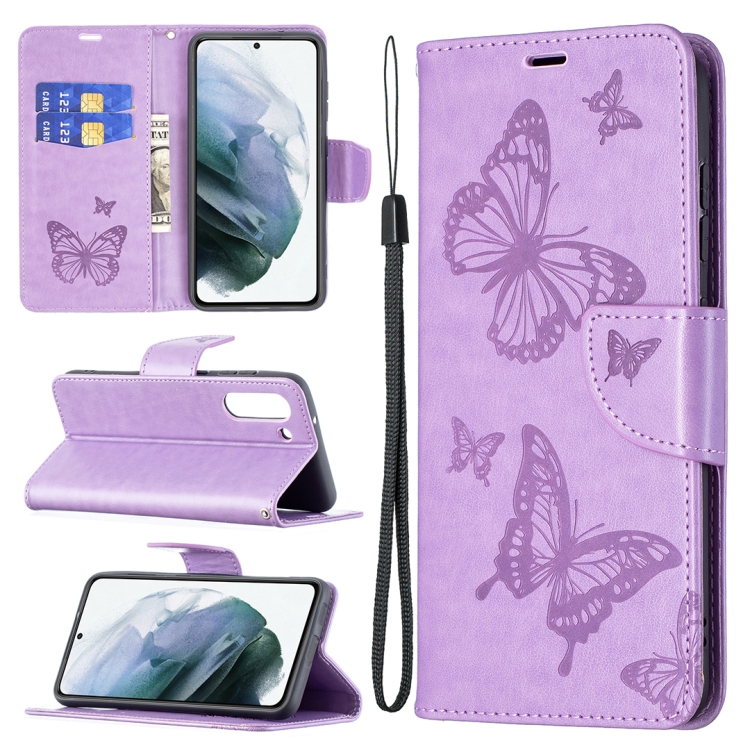 SKLO + PUZDRO 2v1 pre Samsung Galaxy S21 FE 5G - Knižkové BUTTERFLY fialové