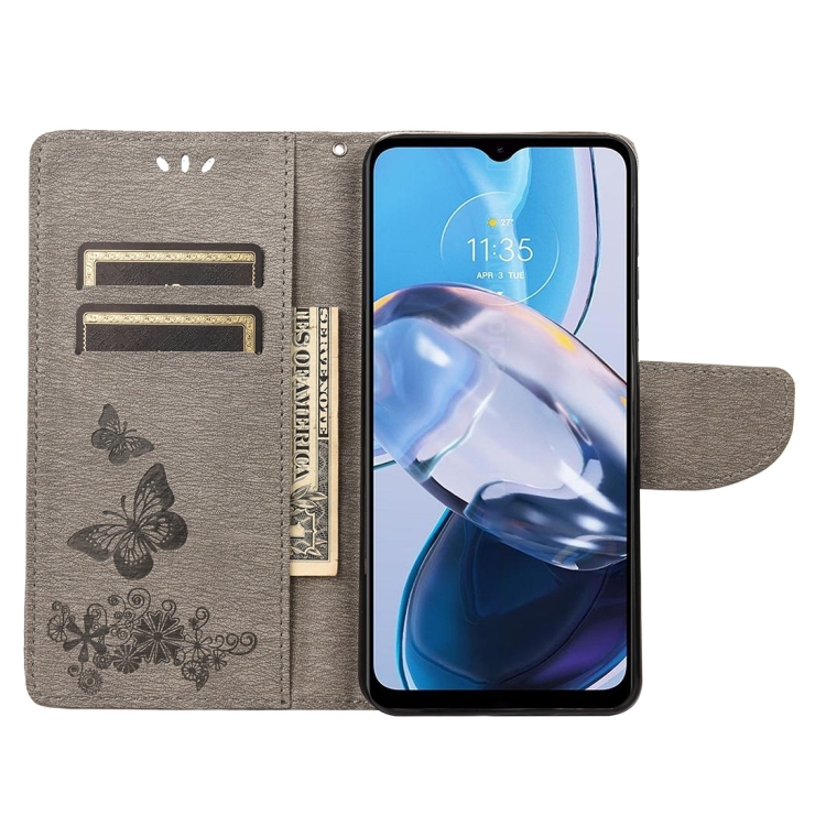 Knižkové puzdro pre Motorola Moto E22 / E22i - BUTTERFLY sivé