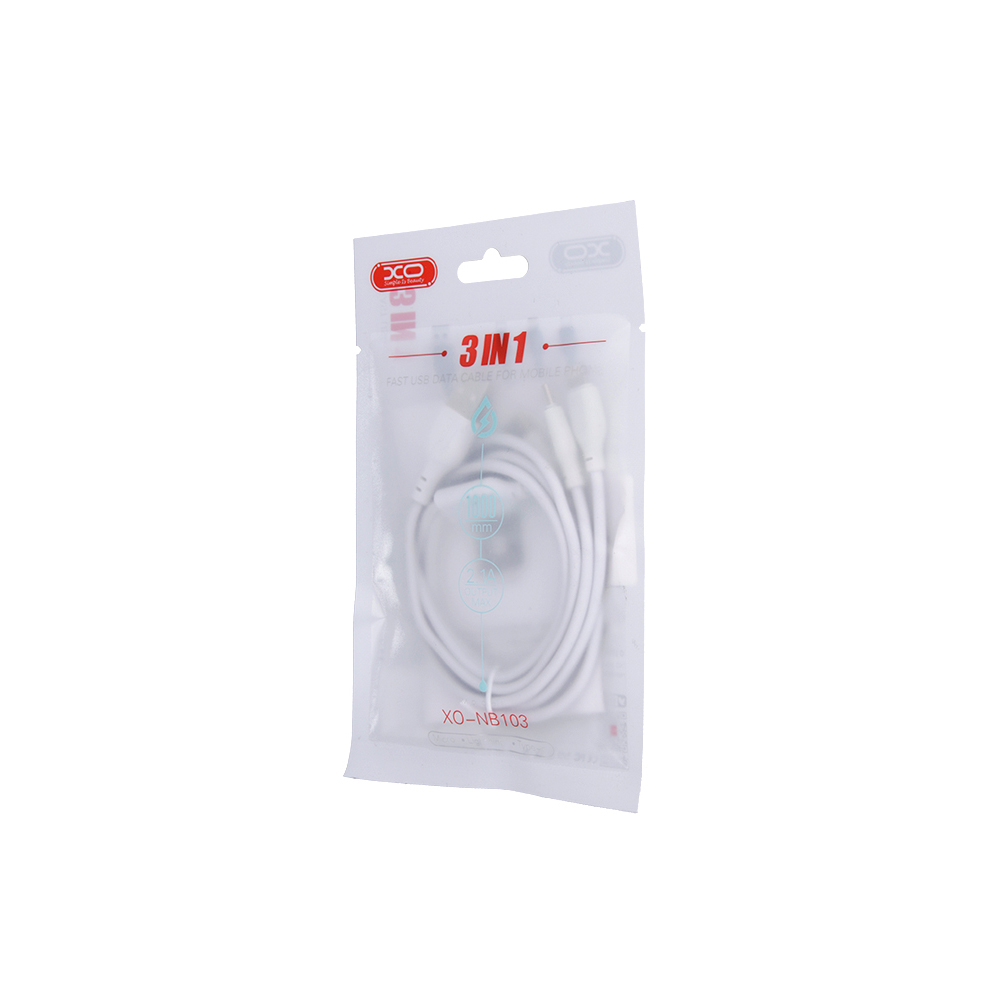 Kábel 3v1 značky XO NB103 3v1 (8-pin / mikro usb / typ / C) biely 2,1A