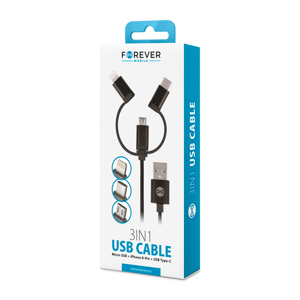 Forever 3v1 micro-USB + iPhone 8-PIN + USB kábel typu C, čierny