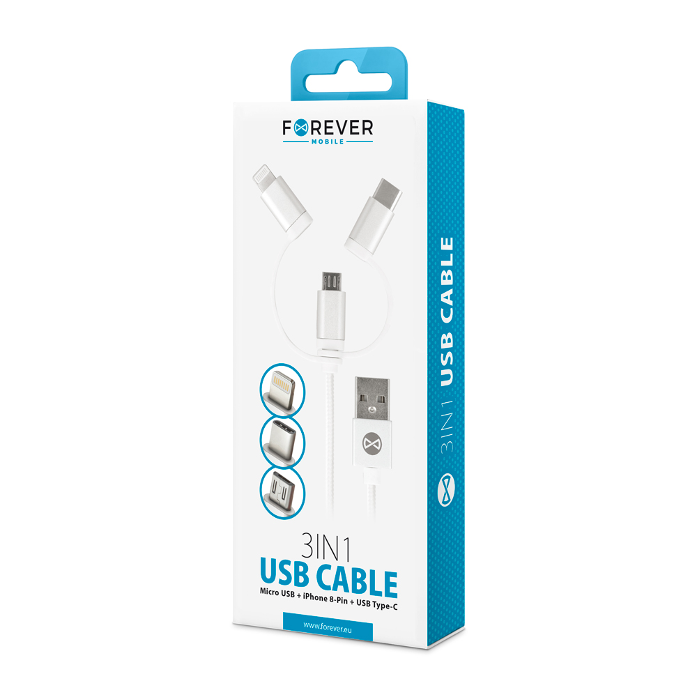 Forever 3v1 micro-USB + iPhone 8-PIN + USB kábel typu C, biely