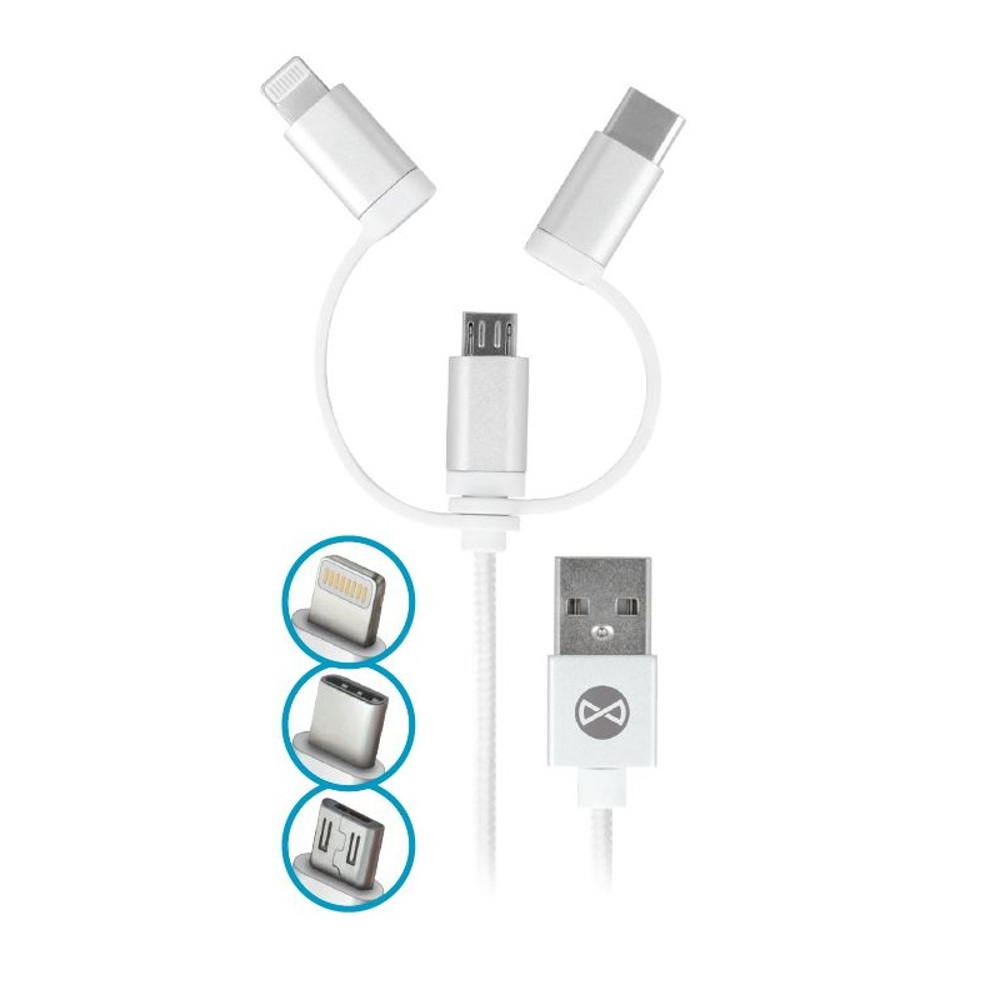 Forever 3v1 micro-USB + iPhone 8-PIN + USB kábel typu C, biely
