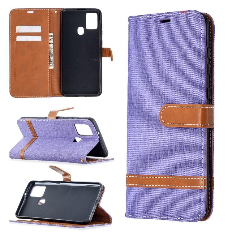 SKLO + PUZDRO 2v1 pre Samsung Galaxy A21s - Knižkové DENIM fialové
