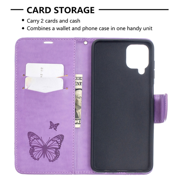 SKLO + PUZDRO 2v1 pre Samsung Galaxy A12 - Knižkové BUTTERFLY fialové