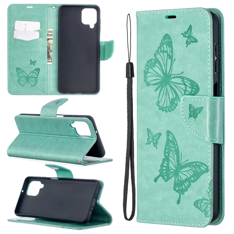 SKLO + PUZDRO 2v1 pre Samsung Galaxy A12 - Knižkové BUTTERFLY zelené