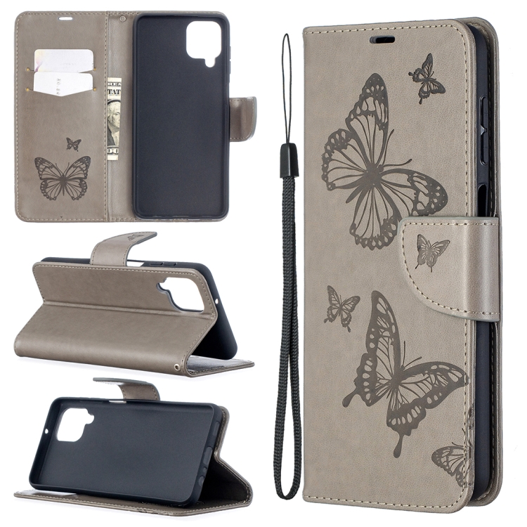 SKLO + PUZDRO 2v1 pre Samsung Galaxy A12 - Knižkové BUTTERFLY sivé
