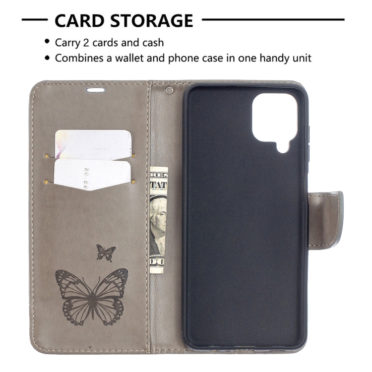 SKLO + PUZDRO 2v1 pre Samsung Galaxy A12 - Knižkové BUTTERFLY sivé