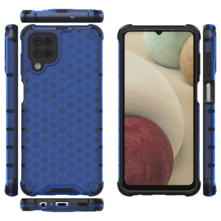 SKLO + PUZDRO 2v1 pre Samsung Galaxy A12 - Tvrdené HONEYCOMB modré