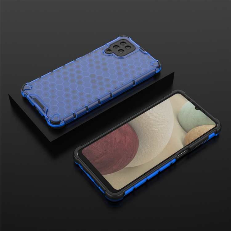 SKLO + PUZDRO 2v1 pre Samsung Galaxy A12 - Tvrdené HONEYCOMB modré