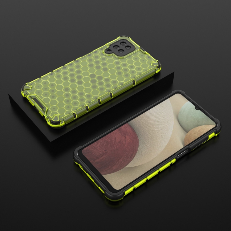 SKLO + PUZDRO 2v1 pre Samsung Galaxy A12 - Tvrdené HONEYCOMB zelené