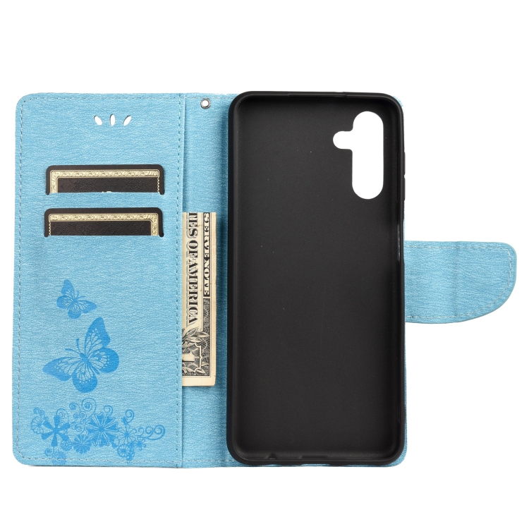SKLO + PUZDRO 2v1 pre Samsung Galaxy A13 5G / A04s - Knižkové BUTTERFLY modré