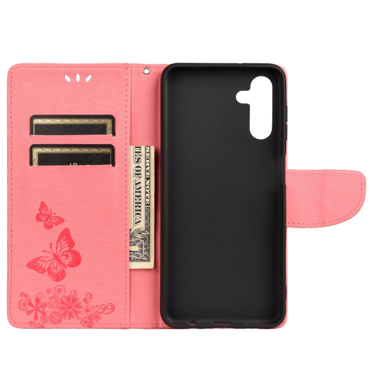 SKLO + PUZDRO 2v1 pre Samsung Galaxy A13 5G / A04s - Knižkové BUTTERFLY ružové