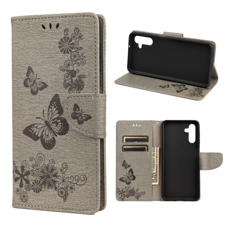 Knižkové puzdro pre Samsung Galaxy A13 5G / A04s - BUTTERFLY sivé