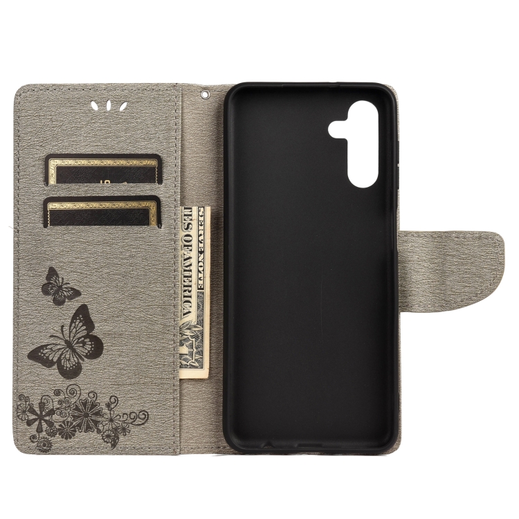Knižkové puzdro pre Samsung Galaxy A13 5G / A04s - BUTTERFLY sivé