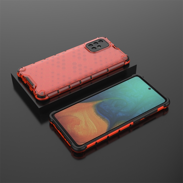 SKLO + PUZDRO 2v1 pre Samsung Galaxy A71 - Tvrdené HONEYCOMB červené