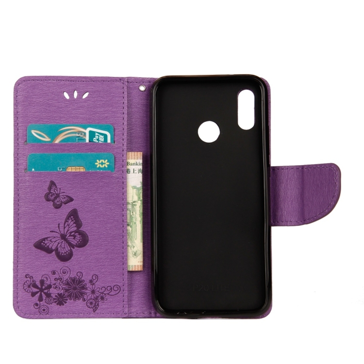 SKLO + PUZDRO 2v1 pre Huawei P20 Lite - Knižkové puzdro BUTTERFLY fialové