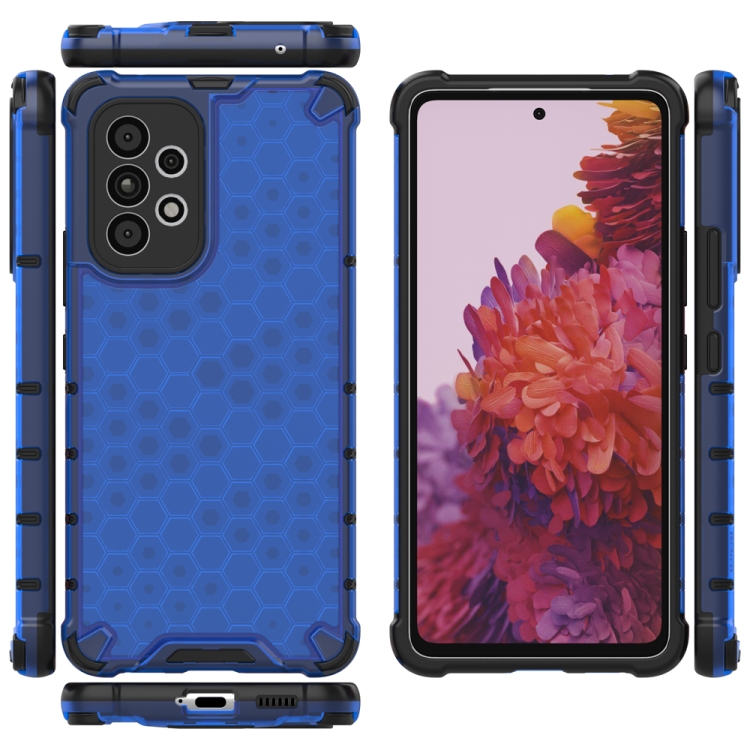 SKLO + PUZDRO 2v1 pre Samsung Galaxy A53 5G - Tvrdené HONEYCOMB modré