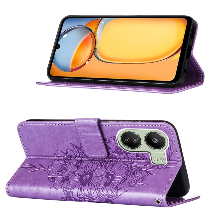 SKLO + PUZDRO 2v1 pre Xiaomi Redmi 13C - Knižkové puzdro BUTTERFLY fialové