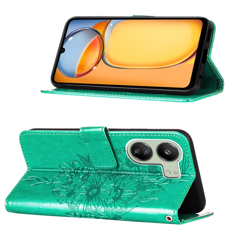 SKLO + PUZDRO 2v1 pre Xiaomi Redmi 13C - Knižkové puzdro BUTTERFLY zelené