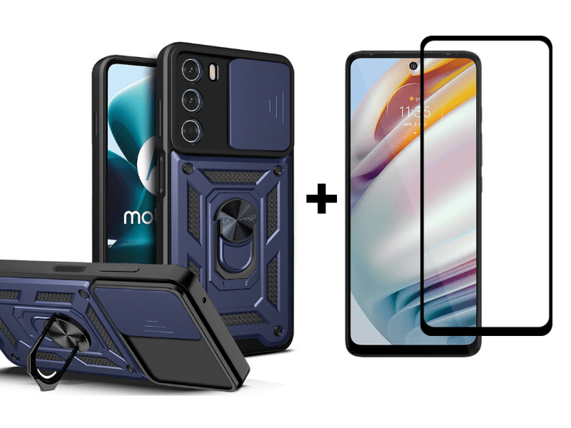 9D SKLO + PUZDRO 2v1 pre Motorola Moto G200 5G - Tvrdené Ring Armor modré