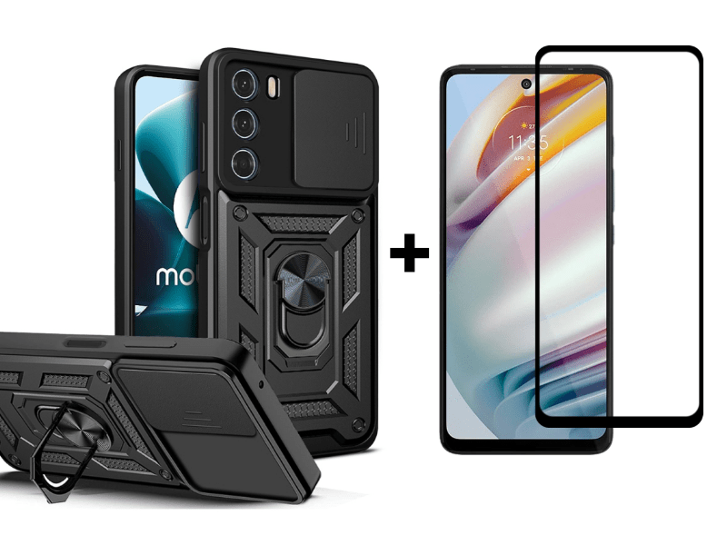 9D SKLO + PUZDRO 2v1 pre Motorola Moto G200 5G - Tvrdené Ring Armor čierne