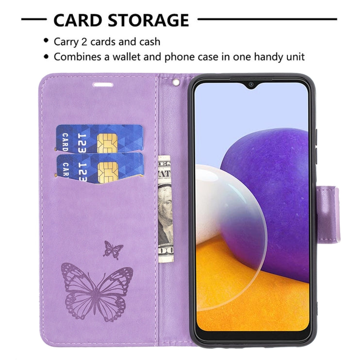 BUTTERFLY Knižkové puzdro pre Samsung Galaxy A22 5G - fialové