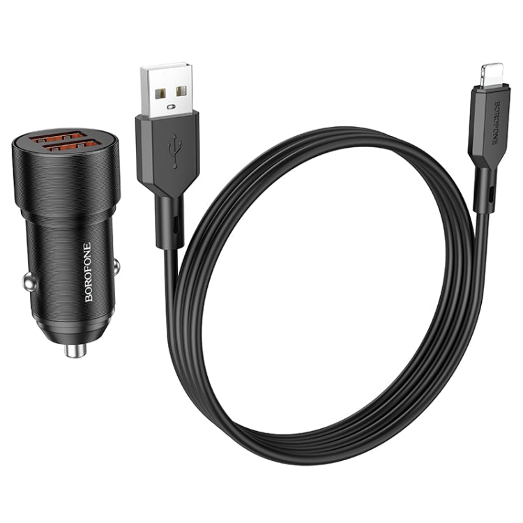 BOROFONE BZ19 Duálna auto nabíjačka s USB portami a USB a 8-pinovým káblom Lightning (čierna)