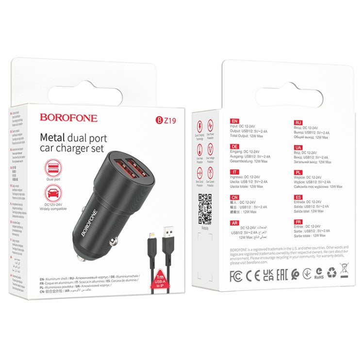 BOROFONE BZ19 Duálna auto nabíjačka s USB portami a USB a 8-pinovým káblom Lightning (čierna)