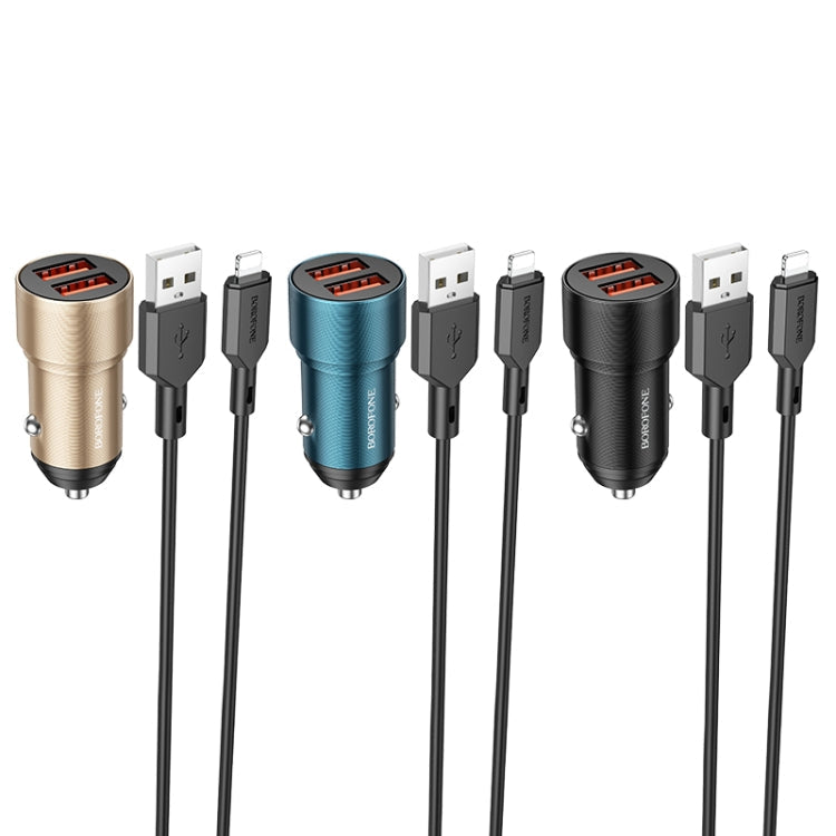BOROFONE BZ19 Duálna auto nabíjačka s USB portami a USB a 8-pinovým káblom Lightning (čierna)