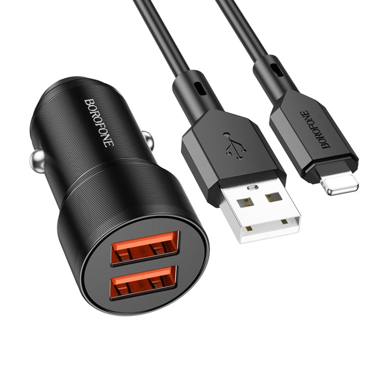 BOROFONE BZ19 Duálna auto nabíjačka s USB portami a USB a 8-pinovým káblom Lightning (čierna)