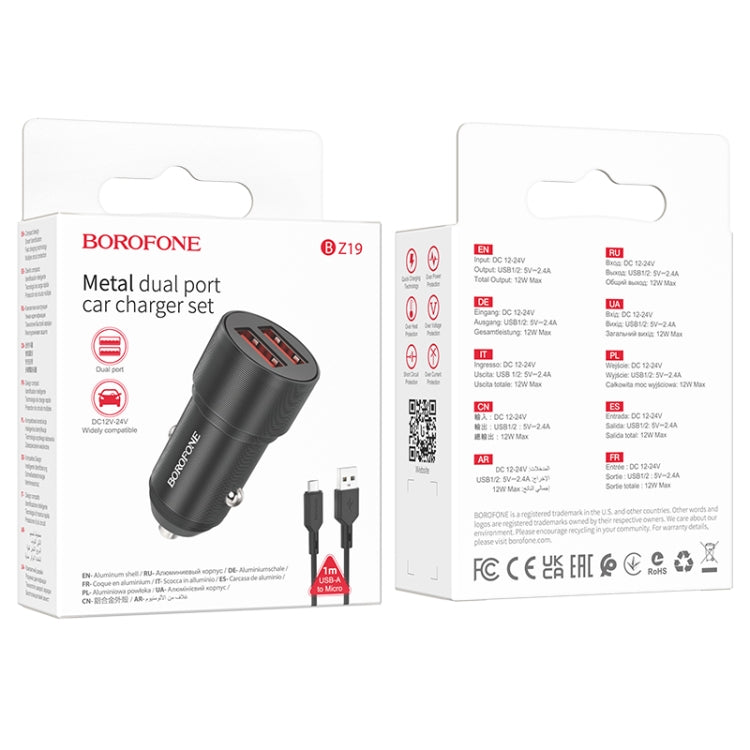 BOROFONE BZ19 Duálna auto nabíjačka s USB portami a USB na Micro USB káblom (čierna)
