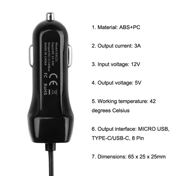 522AL Rýchlo nabíjacia auto nabíjačka s káblom Lightning 8-Pin (čierna)