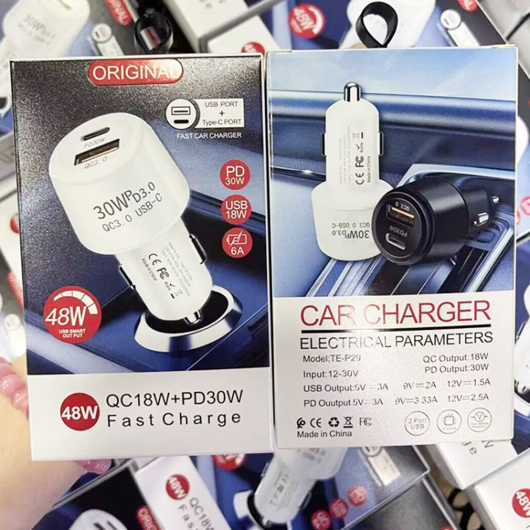 P29 48W QC3.0 18W USB Dvojpólový auto adaptér (biely)