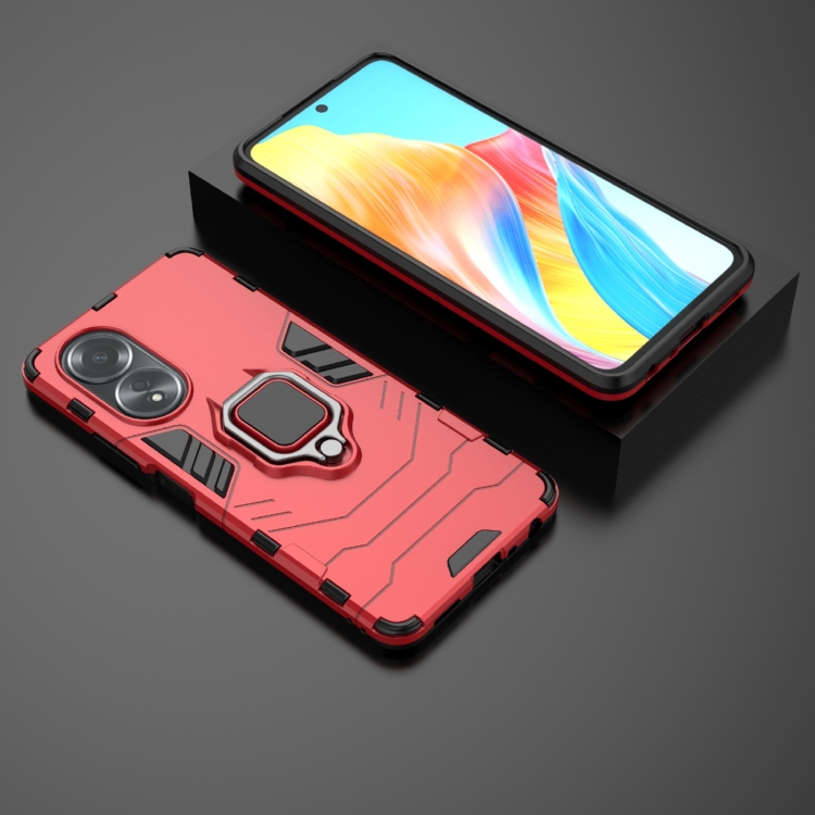Set 2v1 sklo + kryt na Oppo A58 – Ring Armor, červený