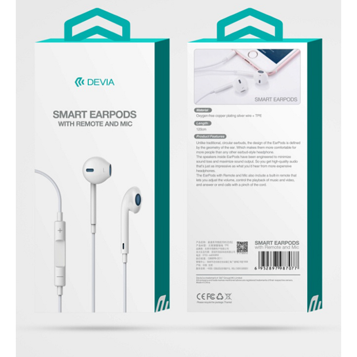 Slúchadlá Devia Smart Remote a mikrofónom biele