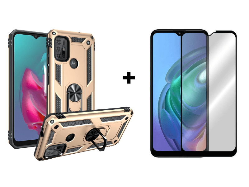 9D SKLO + PUZDRO 2v1 pre Motorola Moto G10 / G20 / G30 - Ring Armor zlaté